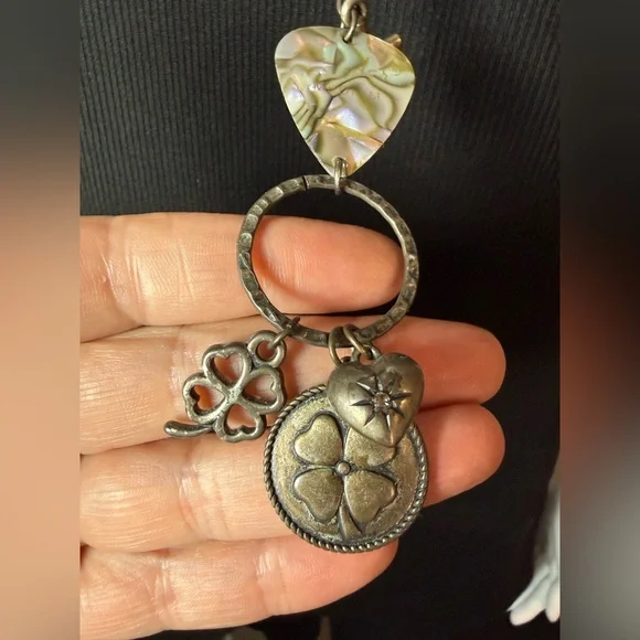 Silver and Abalone Fender Guitar Pick Pendant Necklace 🤍 Cross Heart and Clover - Picture 4 of 6